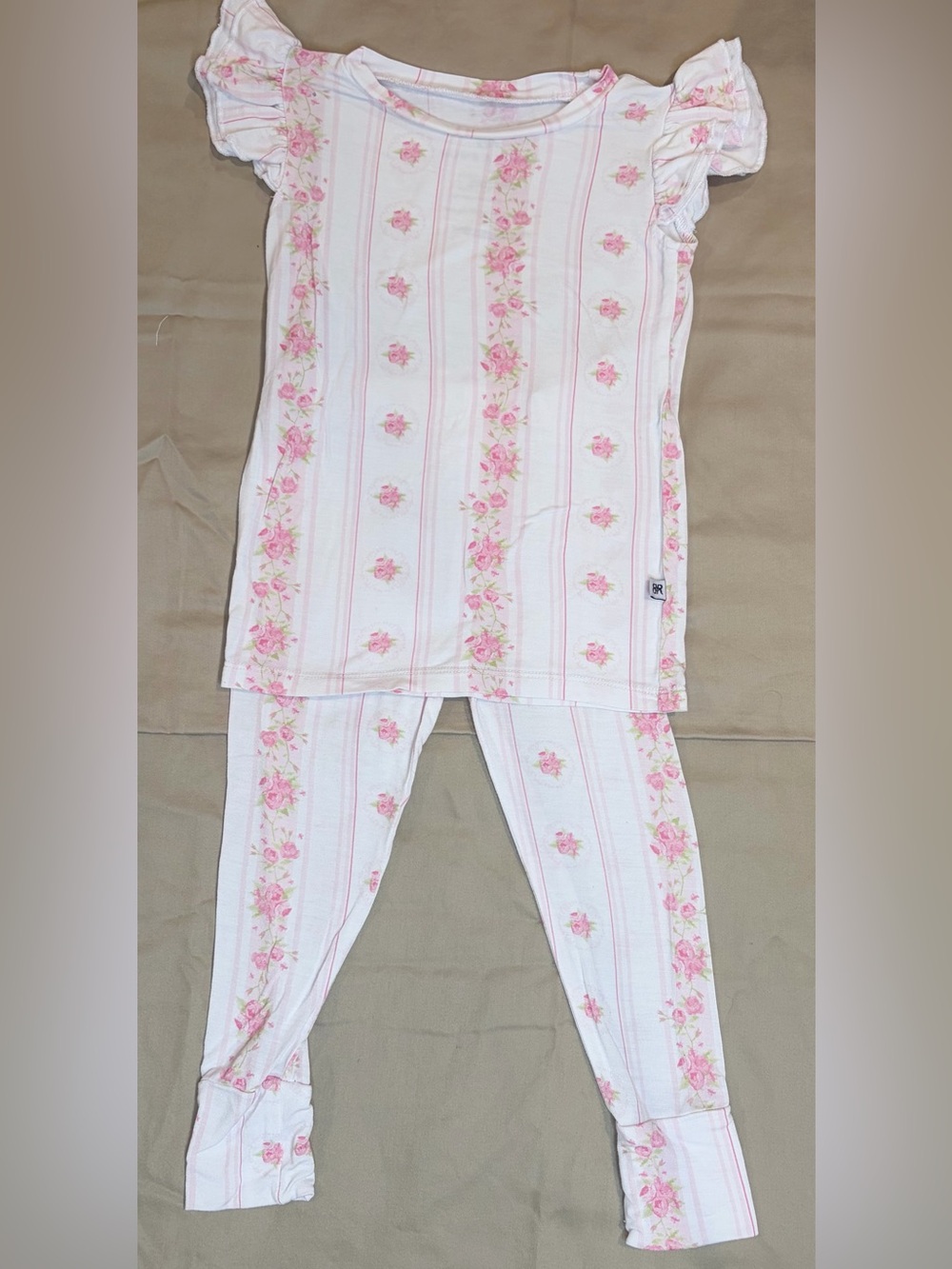 Bums and Roses Bamboo 2 pc pajamas pink & white stripe with pink roses sz 2T EUC